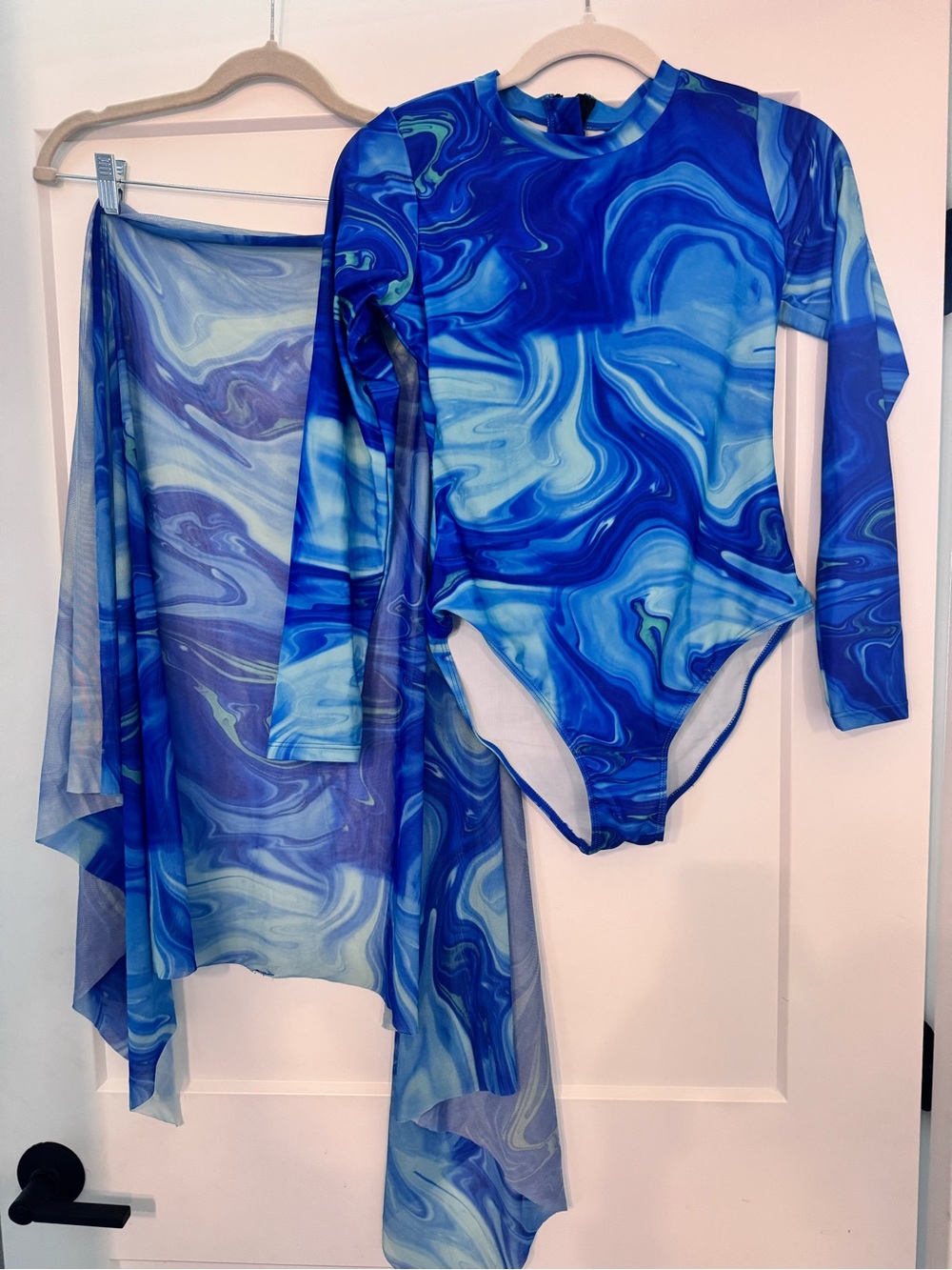 Blue Marble Print Long Sleeve Swimsuit with Sheer Wrap